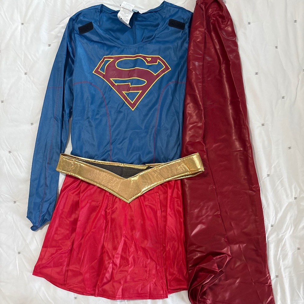 Supergirl-Inspired Women's Costume Dress with Red Cape - Blue, Red & Gold